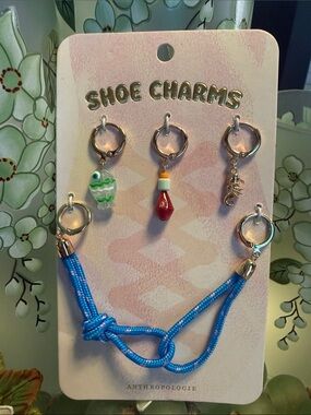 Anthropologie Blue Cord Shoe Charms with Fish, Red Drop & Gold Seahorse Beachy